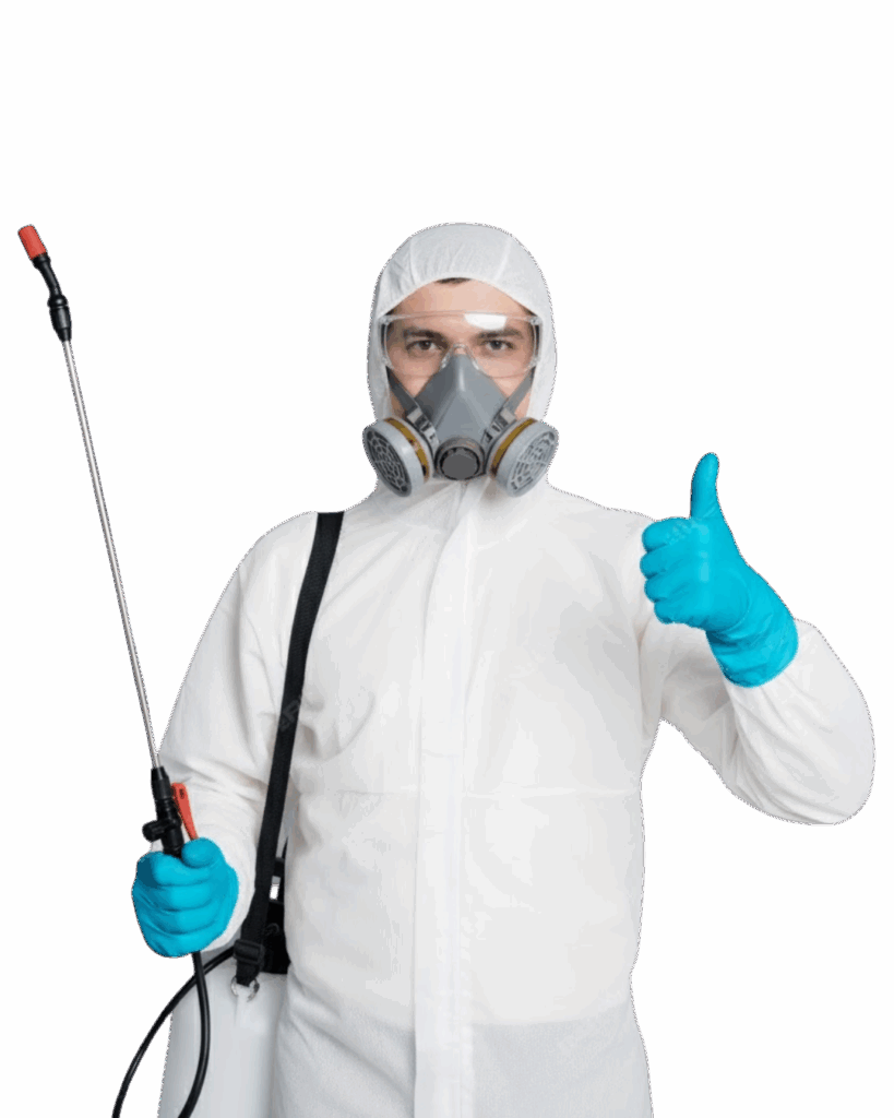 Técnico de fumigación equipado con traje de protección realizando servicio de control de plagas en Atizapán